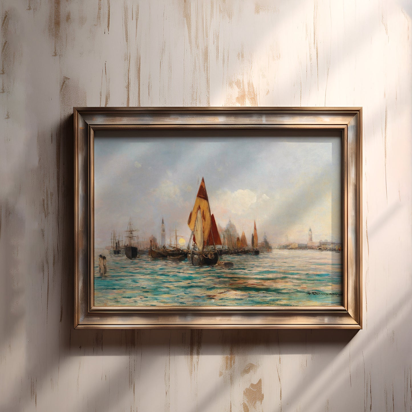 Ehrmanns - Fishing Boats , Seascape original antique oil painting vintage , Printable art instant download , SKU 378TvE
