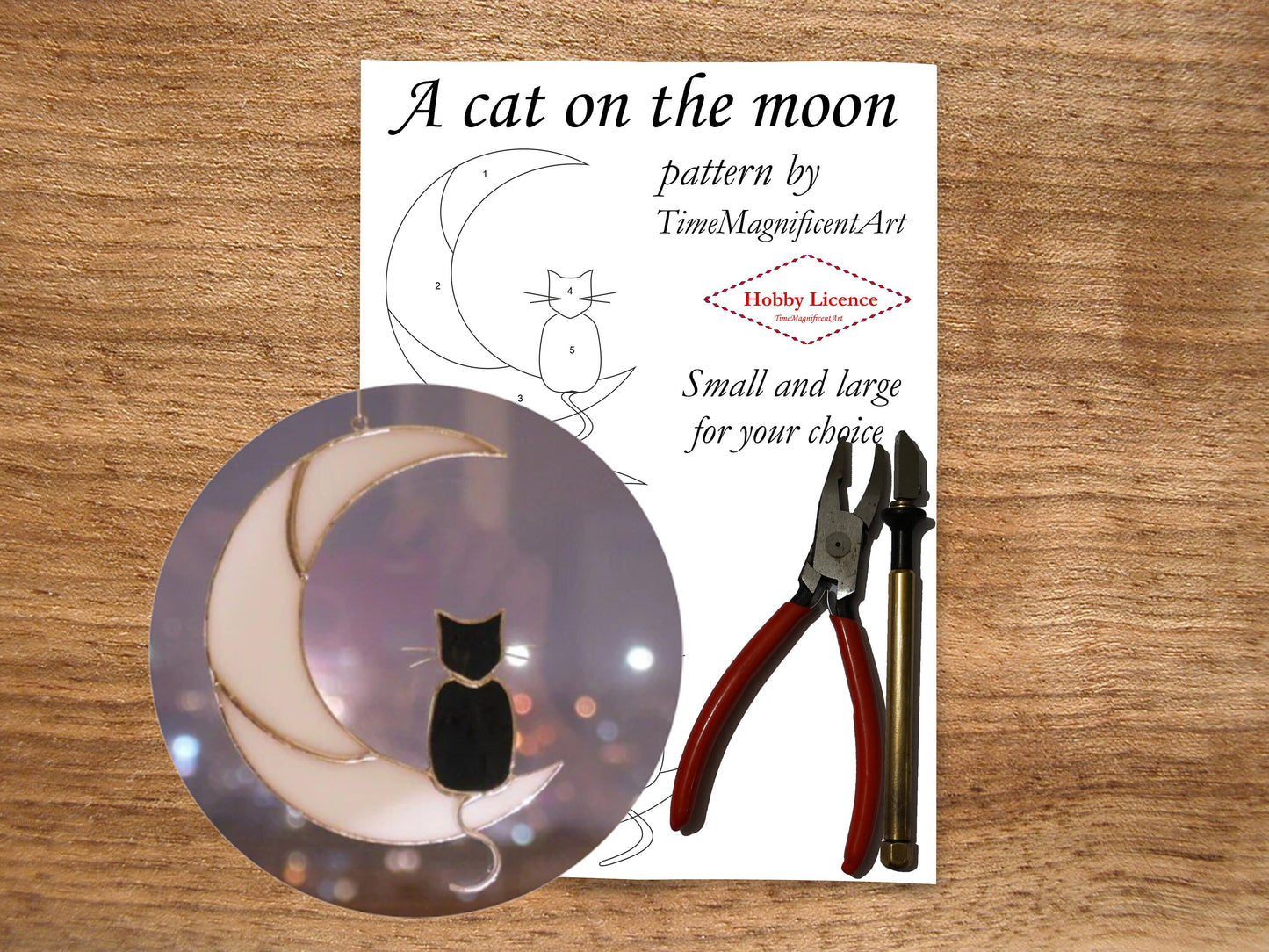 Stained Glass Pattern - Cat on Moon , Digital PDF file download , Hobby license