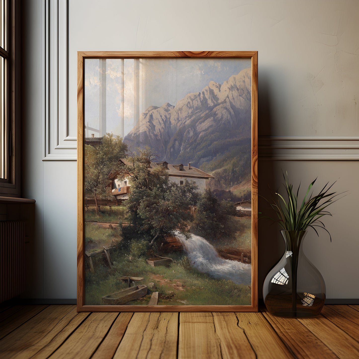 Carl Haunold, Austrian village in the mountains, original antique painting, oil, vintage, Printable art instant download, SKU K-CH70