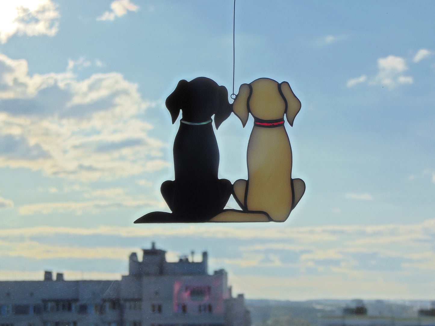 Two Dogs Retriever Labrador , Black and Golden , Art stained glass window hanging Suncatcher . Gift for animal lover , pet loss memorial