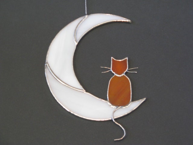 Ginger Cat On The Moon stained glass window hanging Suncatcher . Gift for animal lover , pet loss memorial , orange