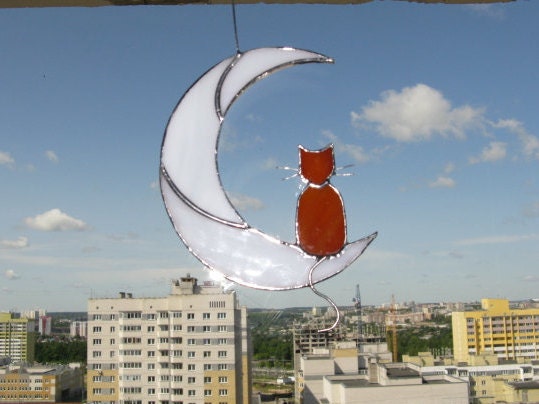 Ginger Cat On The Moon stained glass window hanging Suncatcher . Gift for animal lover , pet loss memorial , orange