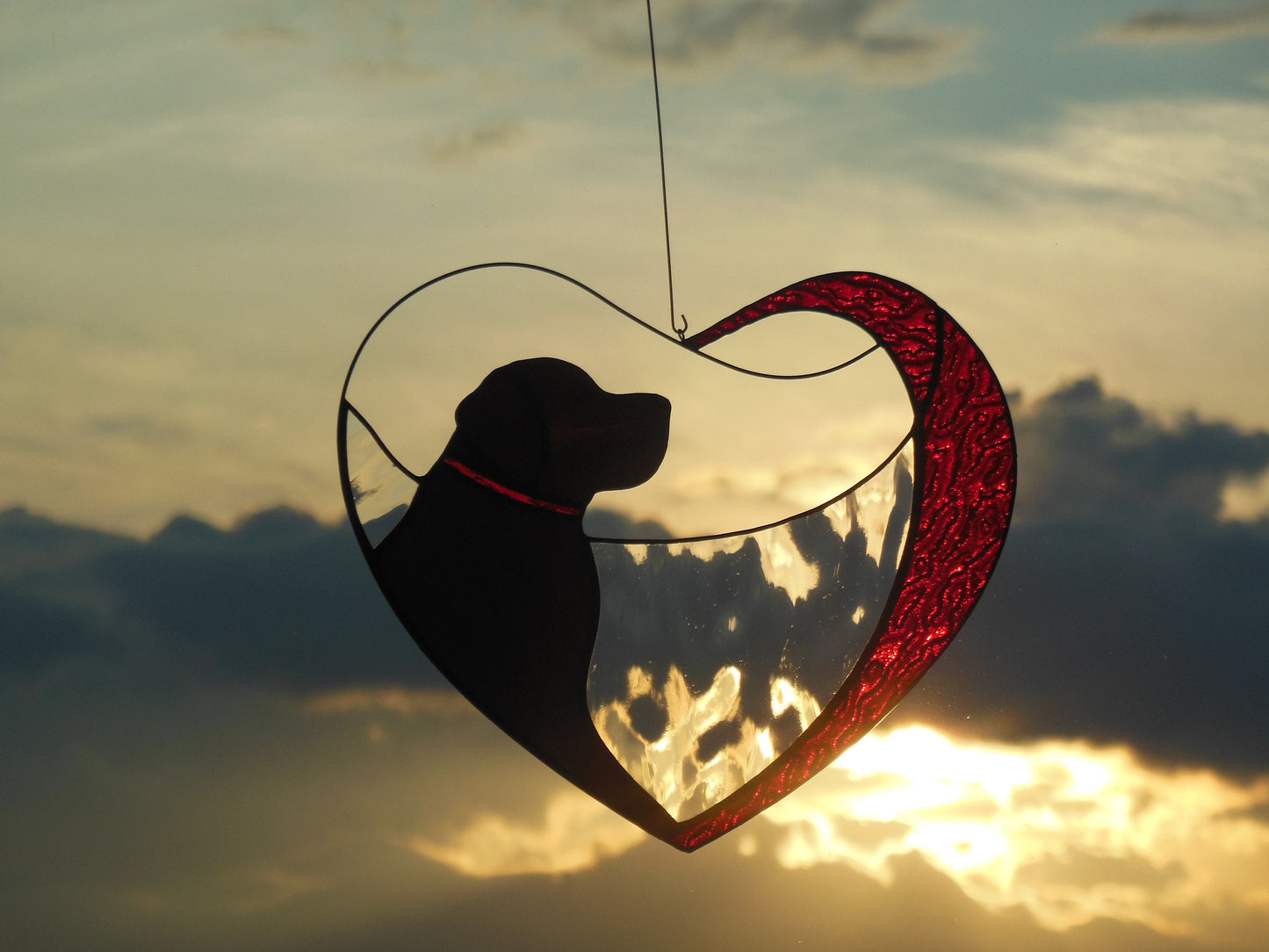 Dog Golden Retriever Labrador in Red Heart . Art Stained glass window hanging Suncatcher , Gift for animal lover , pet loss memorial