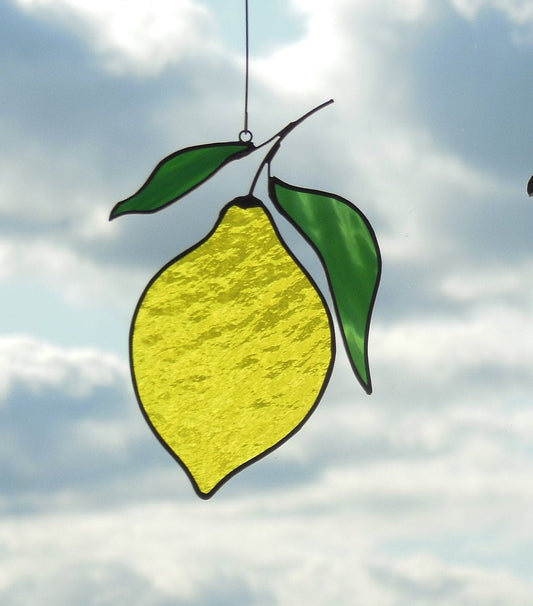 Lemon stained glass window hanging Suncatcher (texture RR) Fruit Kitchen Decor