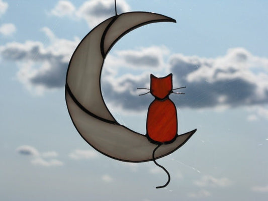 Ginger Cat On The Moon stained glass window hanging Suncatcher . Gift for animal lover , pet loss memorial , orange