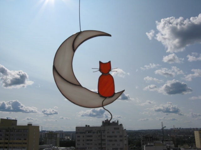 Ginger Cat On The Moon stained glass window hanging Suncatcher . Gift for animal lover , pet loss memorial , orange