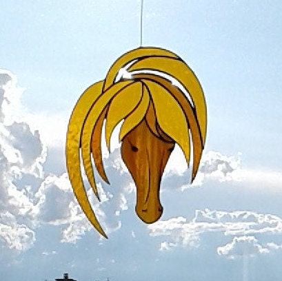 Head Horse Golden Amber Brown . Art stained glass window hanging Suncatcher