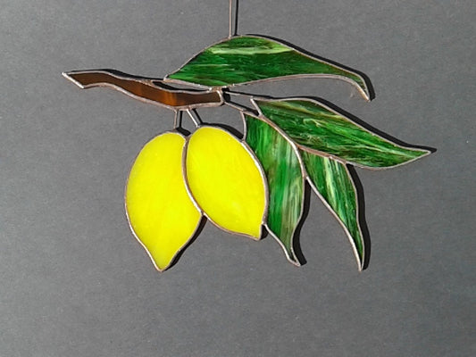 Yellow Lemons on Branch with Green Foliage . Art stained glass window hanging Suncatcher . Leaves leaf , Fruit Kitchen Decor