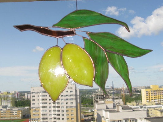 Yellow Lemons on Branch with Green Foliage . Art stained glass window hanging Suncatcher . Leaves leaf , Fruit Kitchen Decor