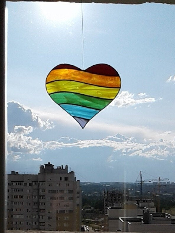 Rainbow Heart . Art stained glass window hanging Suncatcher , LGBTQ pride