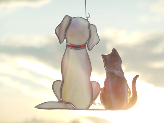 Dog and Cat , Retriever Labrador , Art stained glass hanging . Gift animal lover , pet loss memorial , Golden , black , white , gray , beige