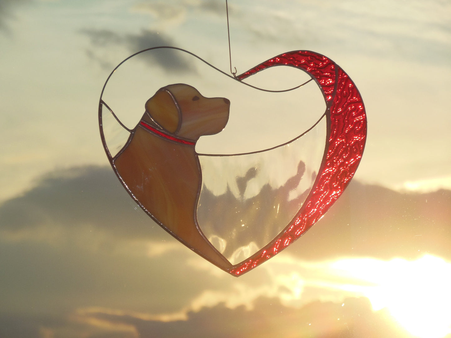 Dog Golden Retriever Labrador in Red Heart . Art Stained glass window hanging Suncatcher , Gift for animal lover , pet loss memorial