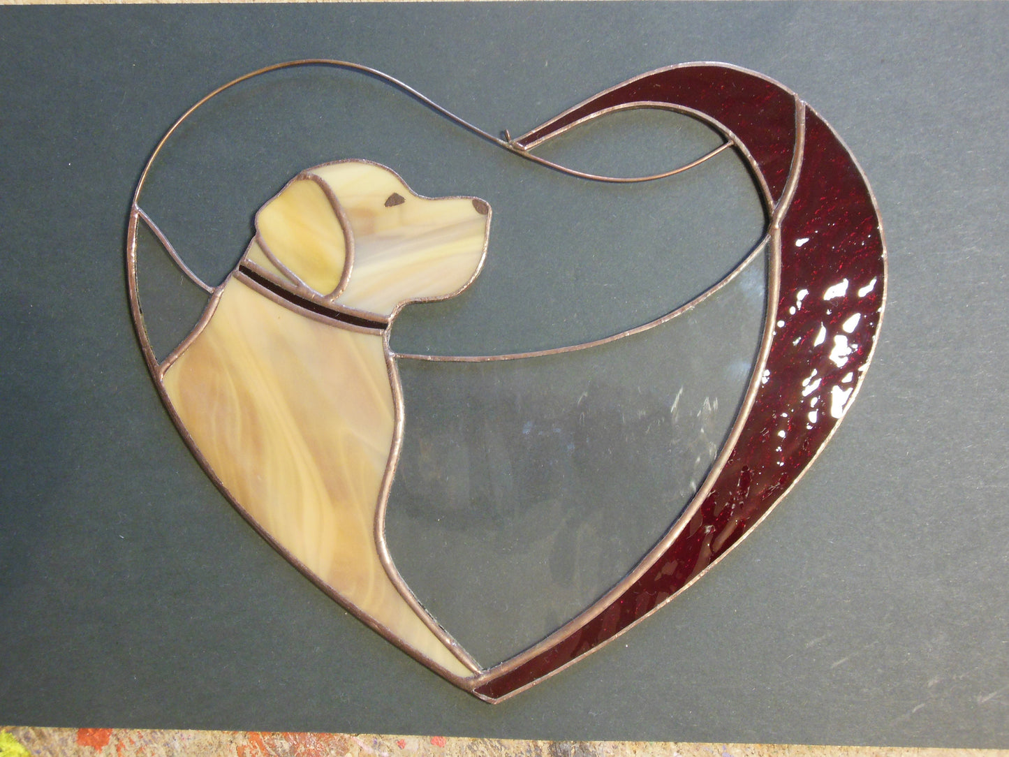 Dog Golden Retriever Labrador in Red Heart . Art Stained glass window hanging Suncatcher , Gift for animal lover , pet loss memorial