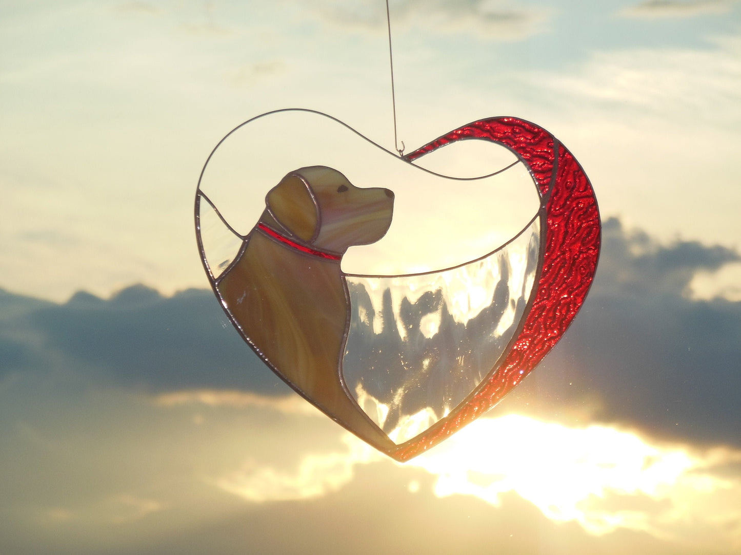 Dog Golden Retriever Labrador in Red Heart . Art Stained glass window hanging Suncatcher , Gift for animal lover , pet loss memorial