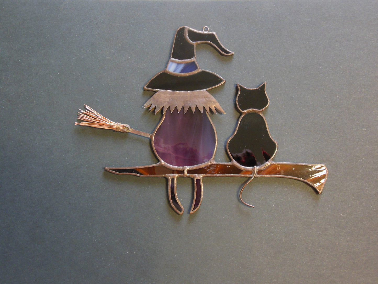 Victorian Witch with Black Cat Halloween ,  Art stained glass window hanging Suncatcher