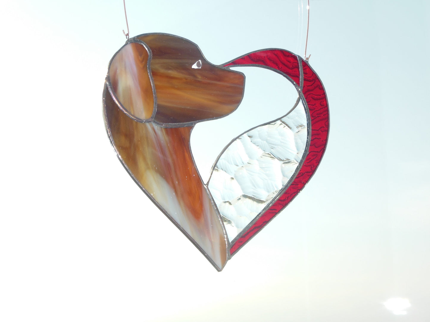 Dog Dark Brown Chocolate in Heart . Art stained glass window hanging Suncatcher . Gift for animal lover , pet loss memorial