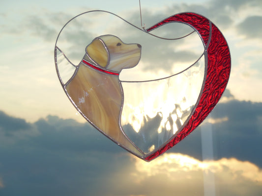 Dog Golden Retriever Labrador in Red Heart . Art Stained glass window hanging Suncatcher , Gift for animal lover , pet loss memorial
