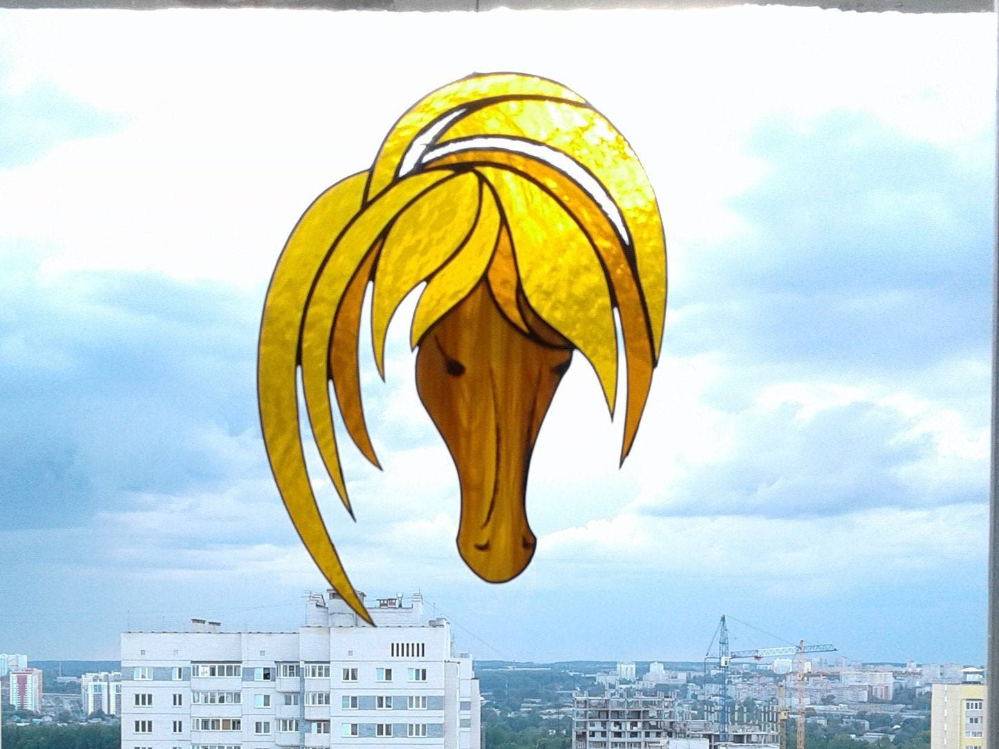 Head Horse Golden Amber Brown . Art stained glass window hanging Suncatcher