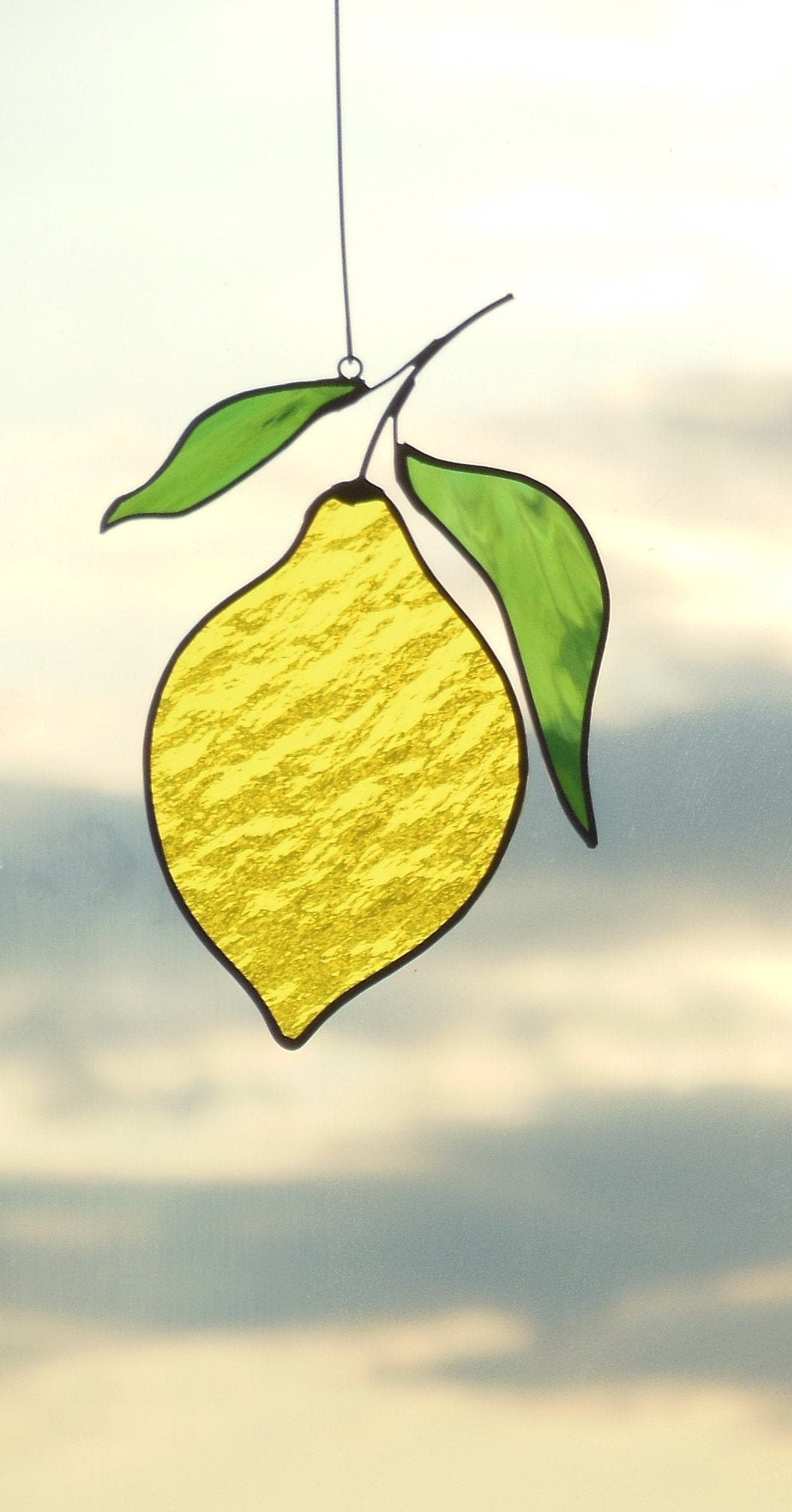 Lemon stained glass window hanging Suncatcher (texture RR) Fruit Kitchen Decor