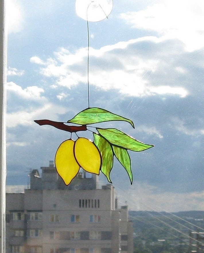 Yellow Lemons on Branch with Green Foliage . Art stained glass window hanging Suncatcher . Leaves leaf , Fruit Kitchen Decor