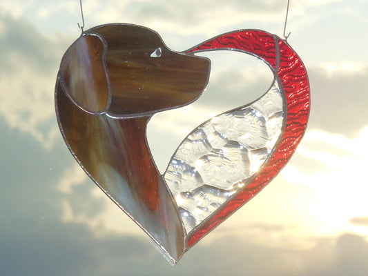 Dog Dark Brown Chocolate in Heart . Art stained glass window hanging Suncatcher . Gift for animal lover , pet loss memorial