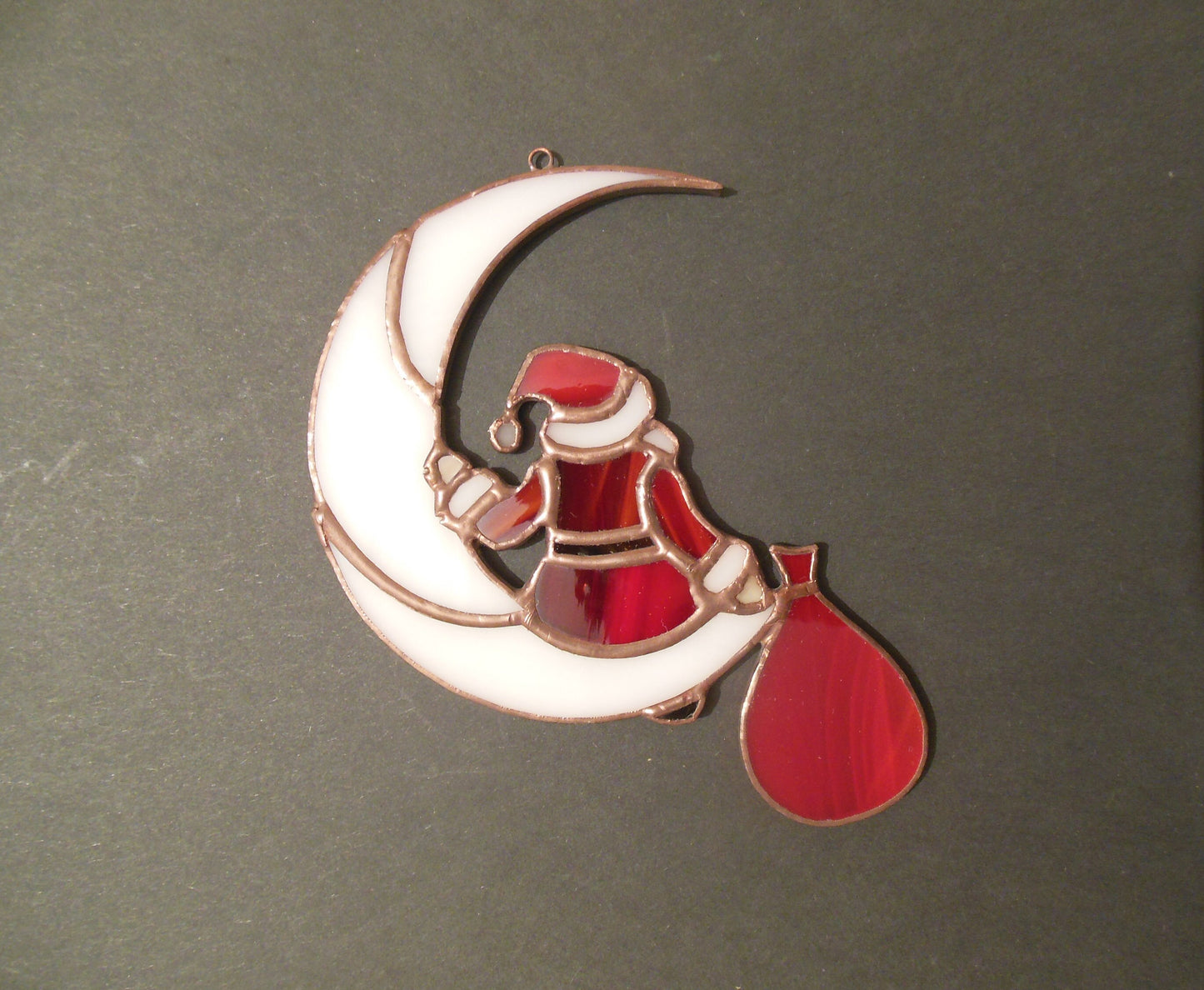 Santa Claus on the Moon . Idea for Christmas gift . Art stained glass window hanging Suncatcher , suspension Suncatcher . Red and White