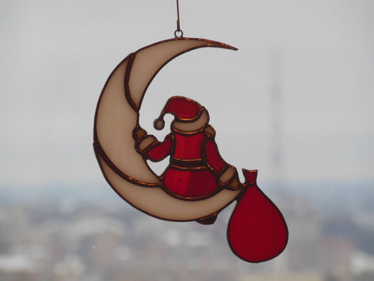 Santa Claus on the Moon . Idea for Christmas gift . Art stained glass window hanging Suncatcher , suspension Suncatcher . Red and White