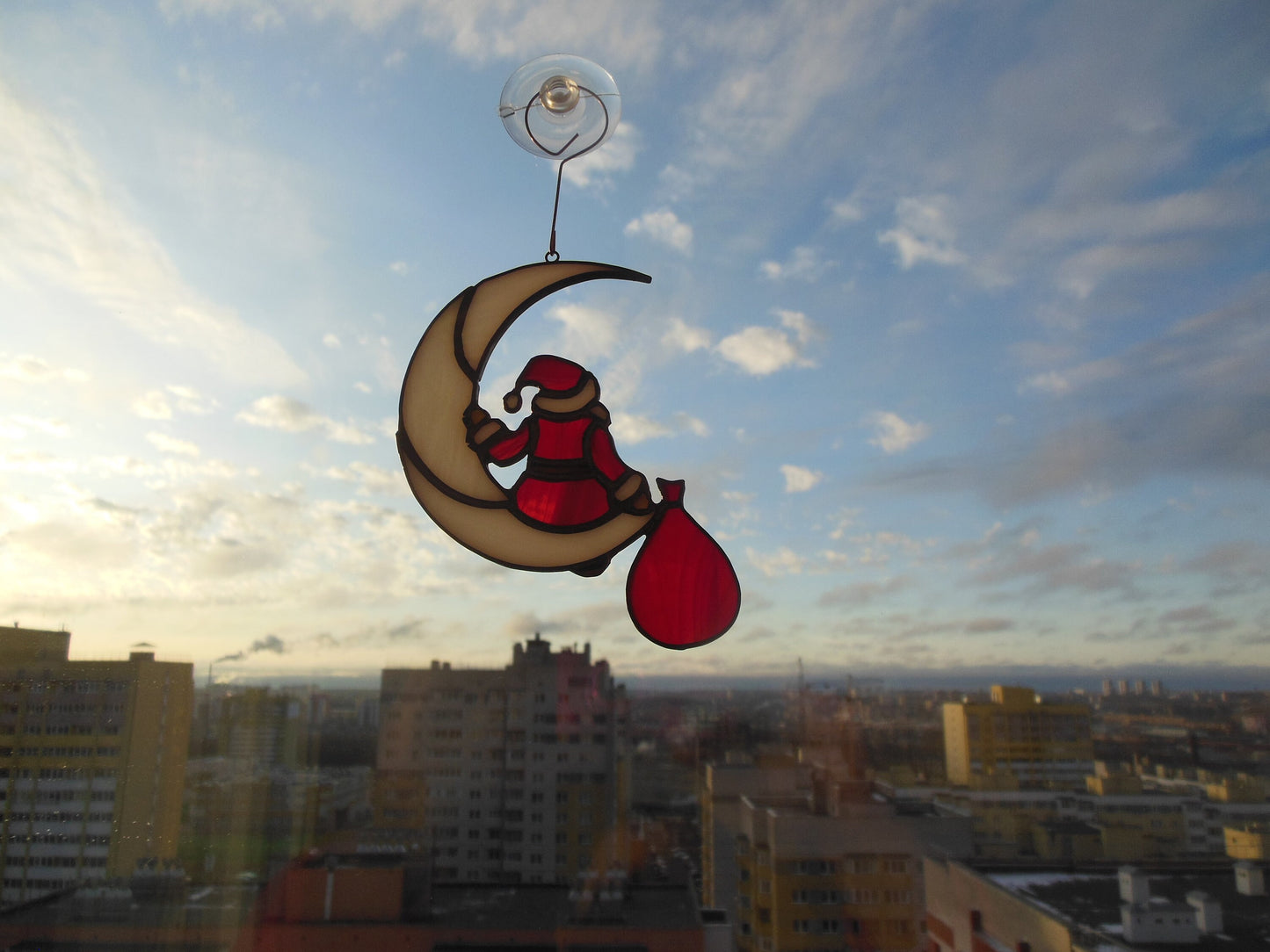 Santa Claus on the Moon . Idea for Christmas gift . Art stained glass window hanging Suncatcher , suspension Suncatcher . Red and White