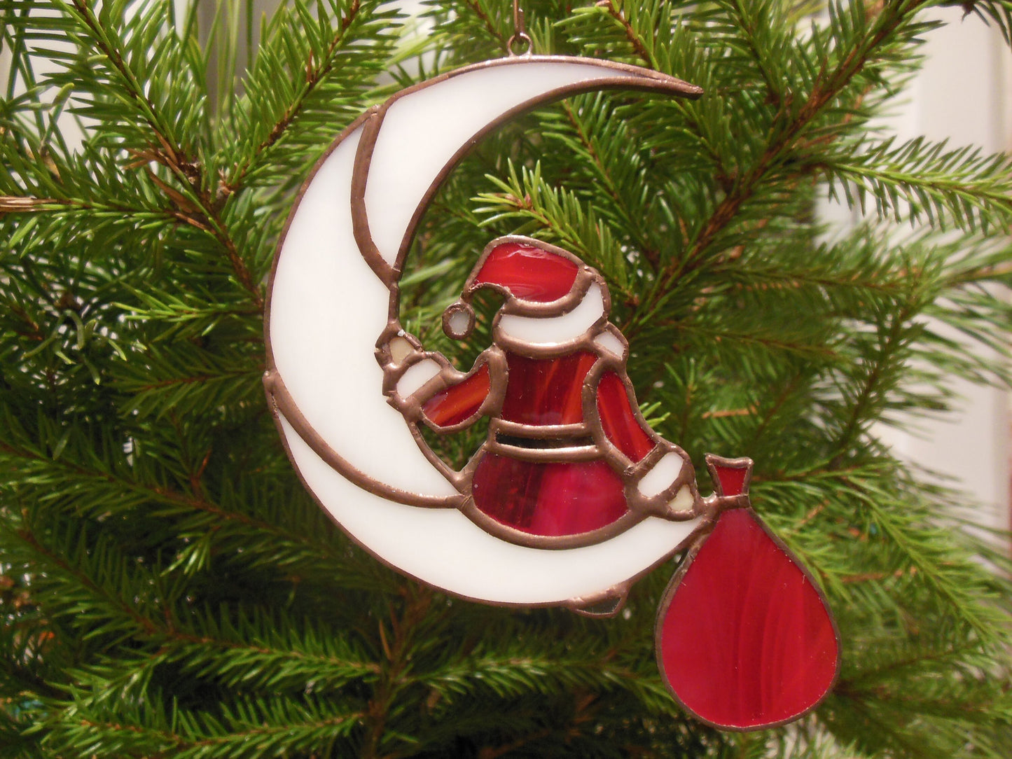Santa Claus on the Moon . Idea for Christmas gift . Art stained glass window hanging Suncatcher , suspension Suncatcher . Red and White
