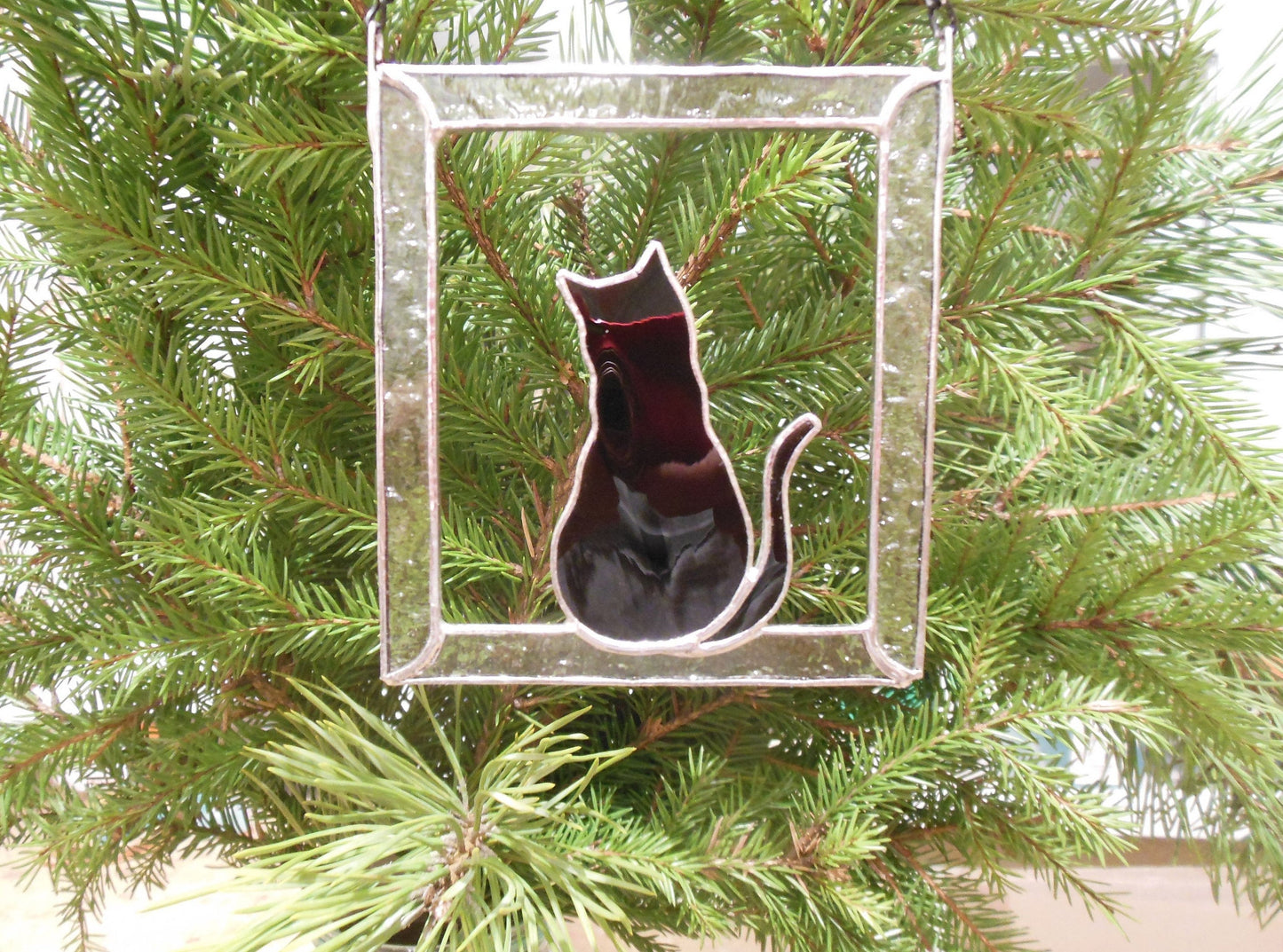 Black Cat in Frame Stained glass window hanging Suncatcher . Gift for animal lover, pet loss memorial .
