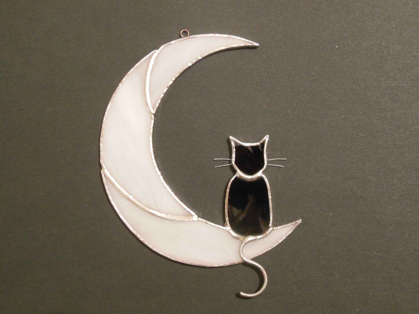 Black Cat On The Moon . Art stained glass window hanging Suncatcher . Gift for animal lover , pet loss memorial . White and black
