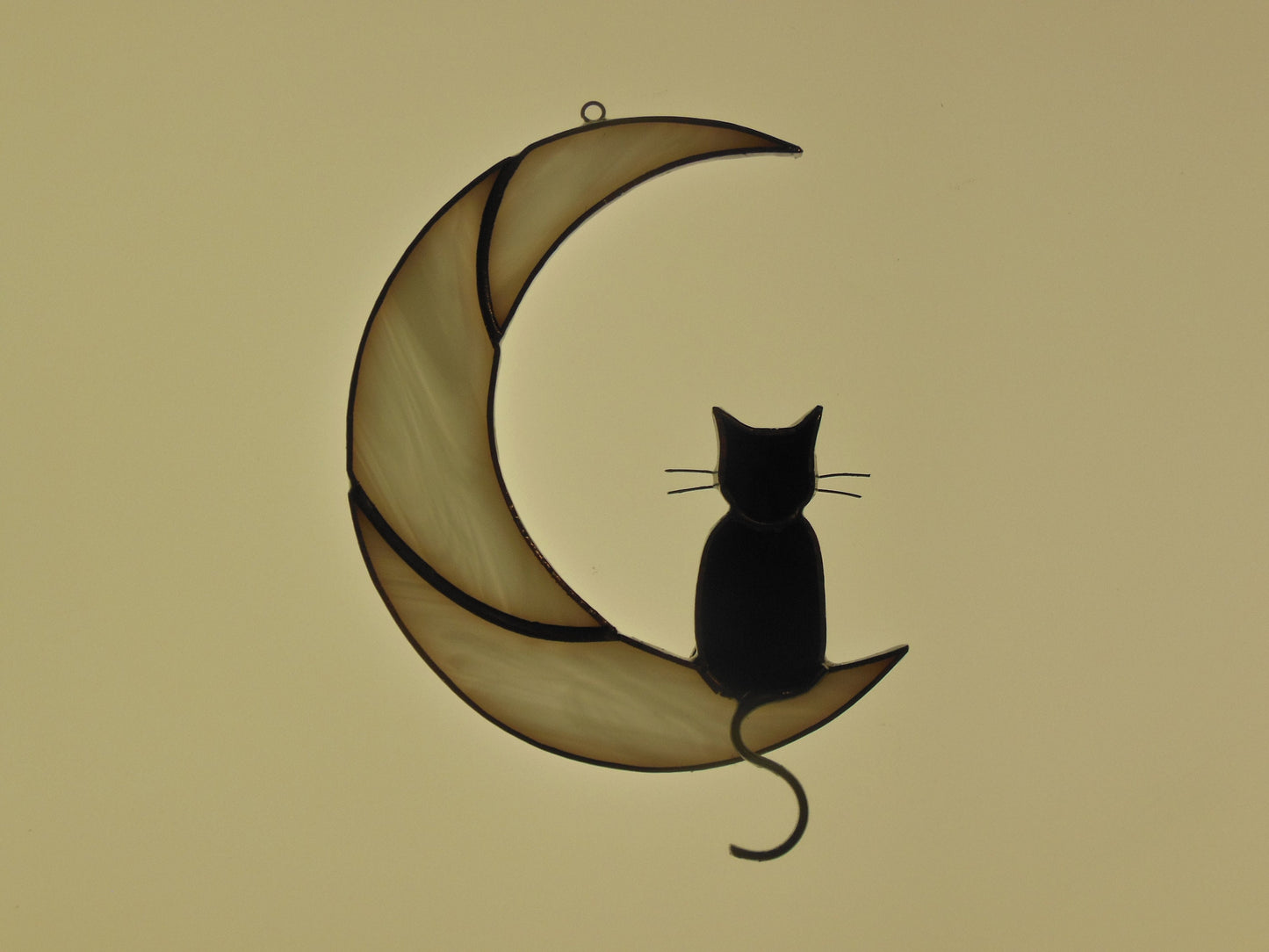 Black Cat On The Moon . Art stained glass window hanging Suncatcher . Gift for animal lover , pet loss memorial . White and black