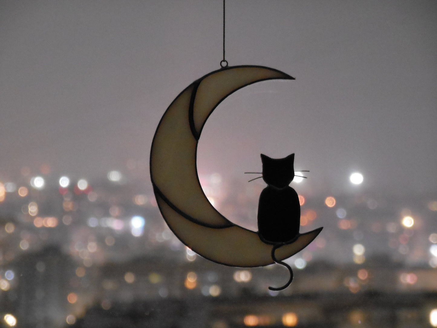 Black Cat On The Moon . Art stained glass window hanging Suncatcher . Gift for animal lover , pet loss memorial . White and black