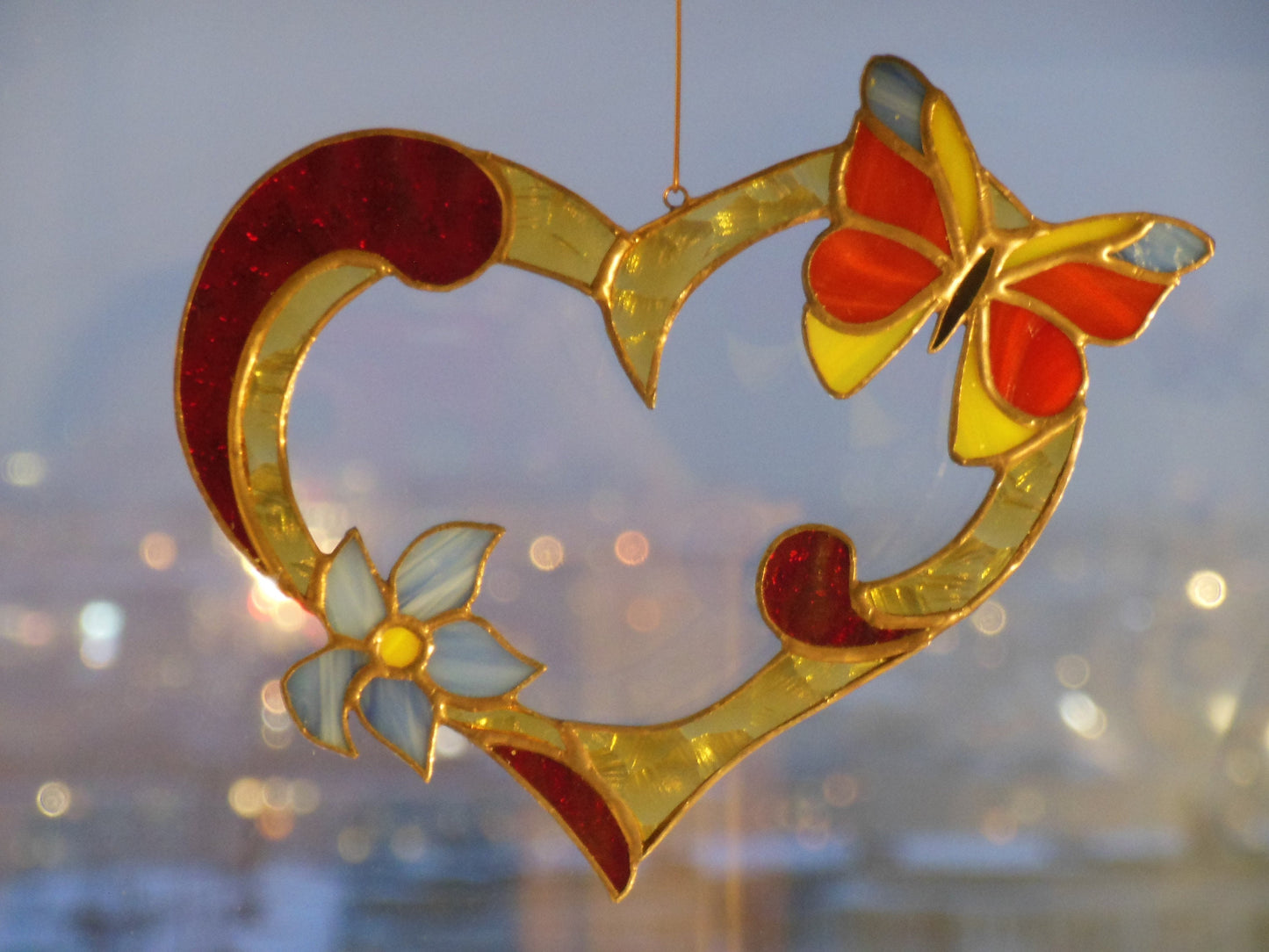 Valentine Heart with Flower and Butterfly . Red  Yellow Blue  . Art Stained glass window hanging Suncatcher