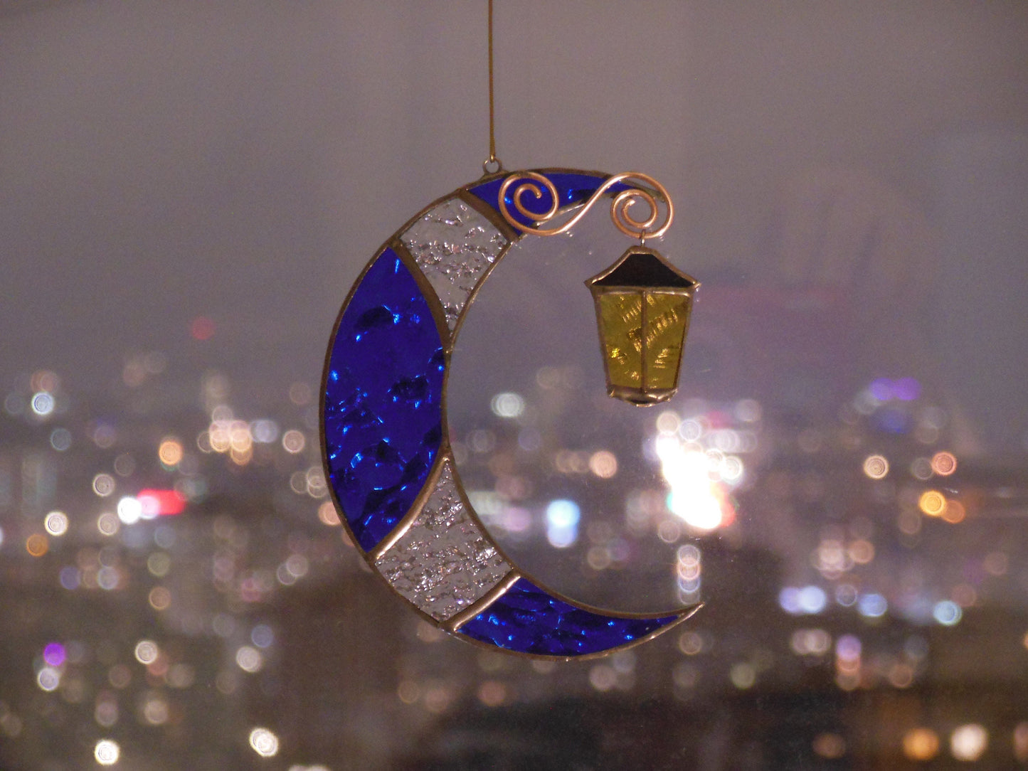 Moon with Street Light . Stained glass window hanging Suncatcher , idea for anniversary , birthday and Christmas gift