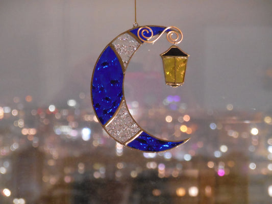 Moon with Street Light . Stained glass window hanging Suncatcher , idea for anniversary , birthday and Christmas gift