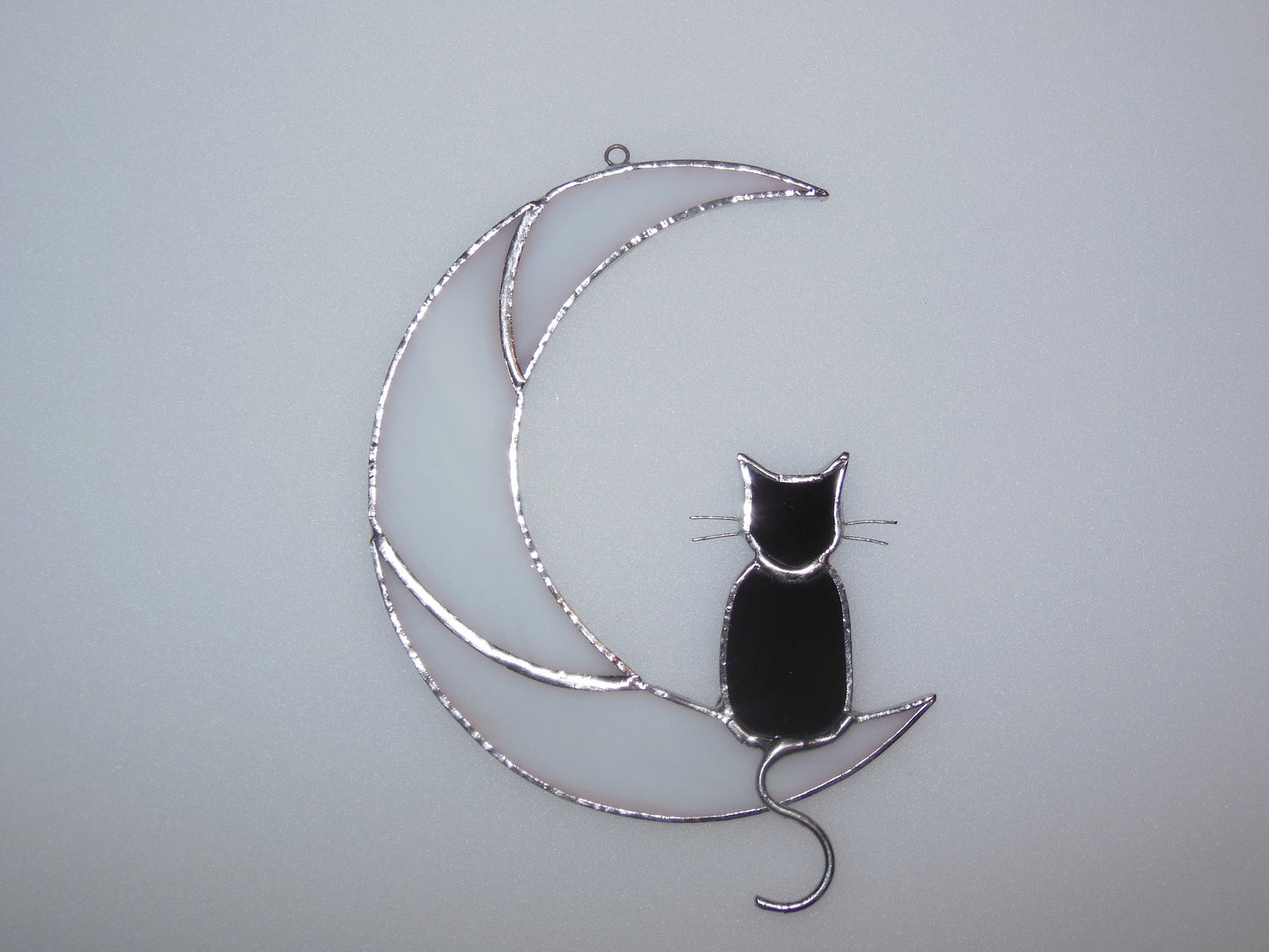 Black Cat On The Moon . Art stained glass window hanging Suncatcher . Gift for animal lover , pet loss memorial . White and black