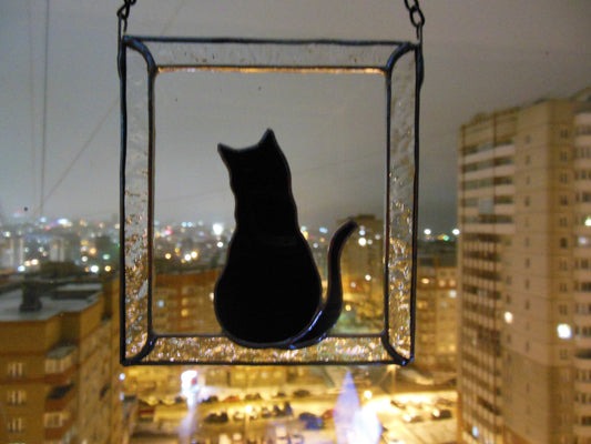 Black Cat in Frame Stained glass window hanging Suncatcher . Gift for animal lover, pet loss memorial .