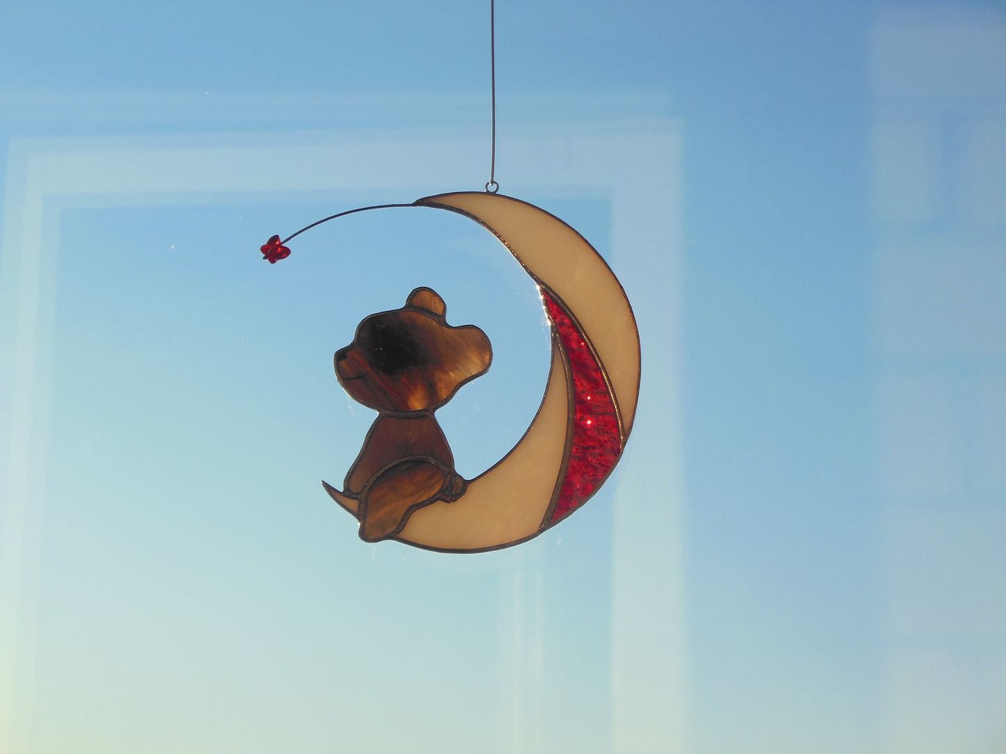 Bear on Moon with Butterfly . Swarovski Сrystal .  Stained glass window hanging Suncacher