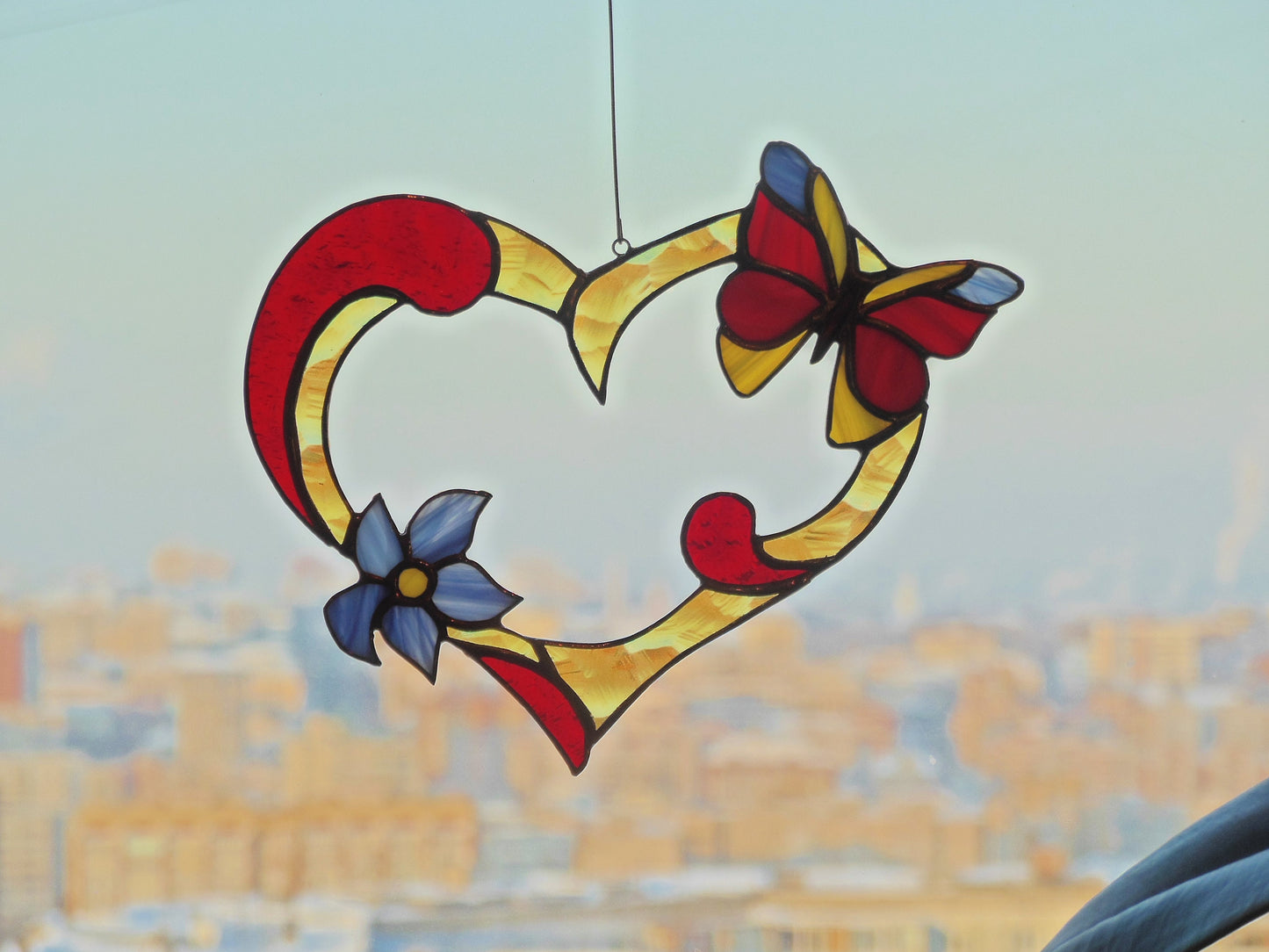 Valentine Heart with Flower and Butterfly . Red  Yellow Blue  . Art Stained glass window hanging Suncatcher