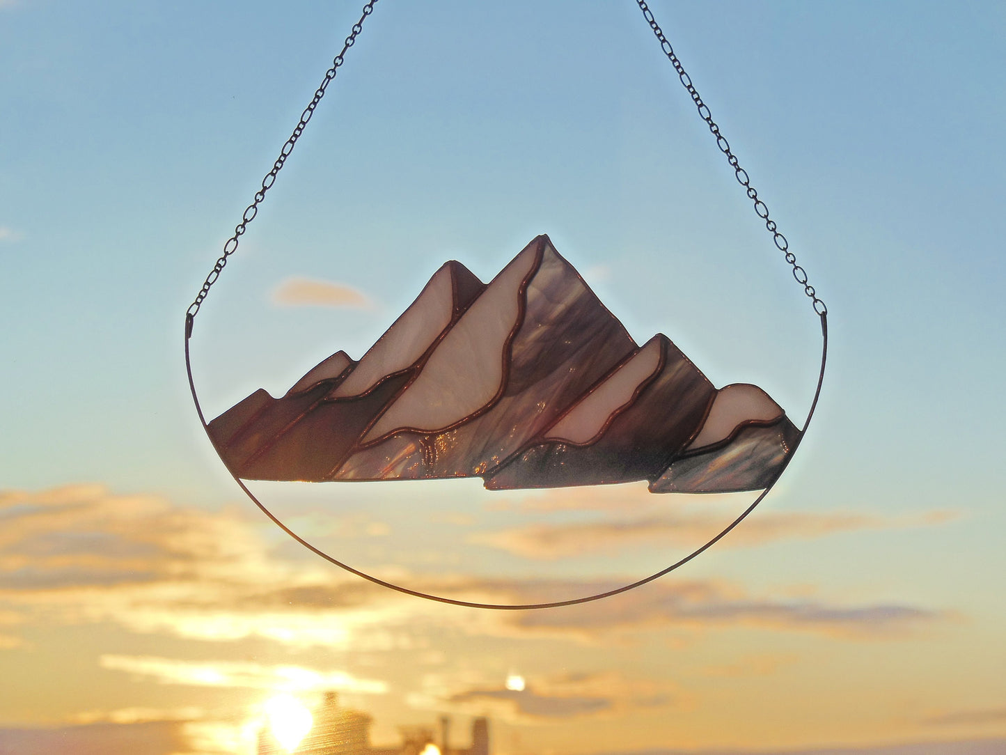 Mountains . Art Stained Glass window hanging Panel Suncatcher , garden outdoor decor