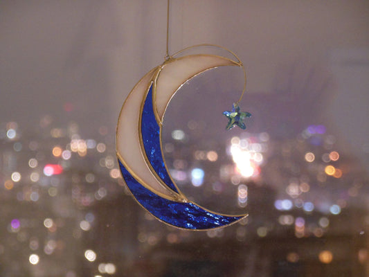 Moon with Shooting Star Swarovski Сrystal . Stained glass window hanging Suncatcher , idea for anniversary , birthday and Christmas gift