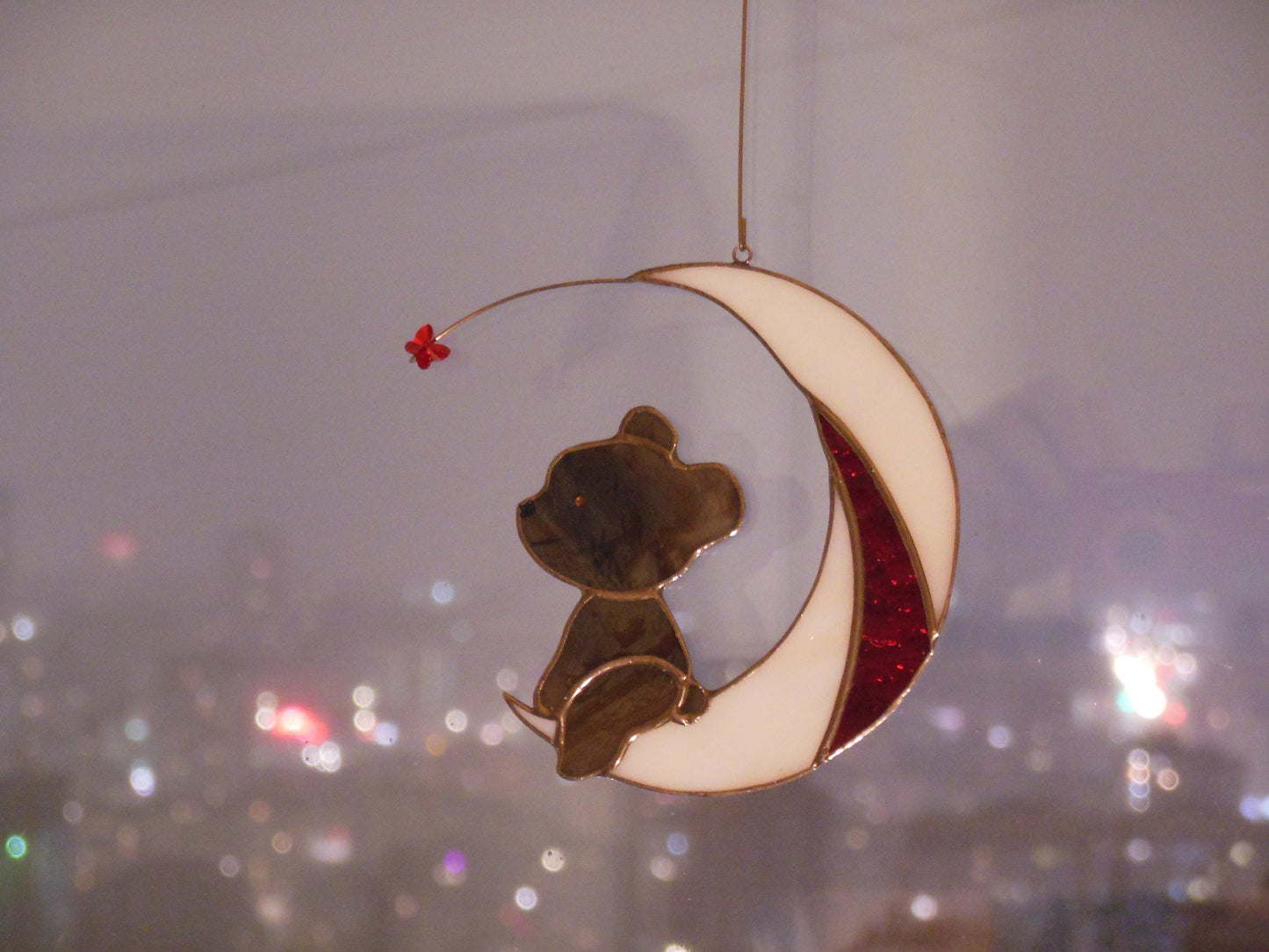 Bear on Moon with Butterfly . Swarovski Сrystal .  Stained glass window hanging Suncacher