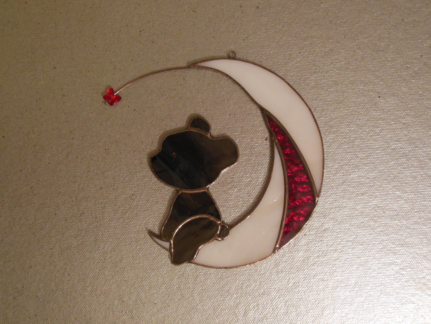 Bear on Moon with Butterfly . Swarovski Сrystal .  Stained glass window hanging Suncacher
