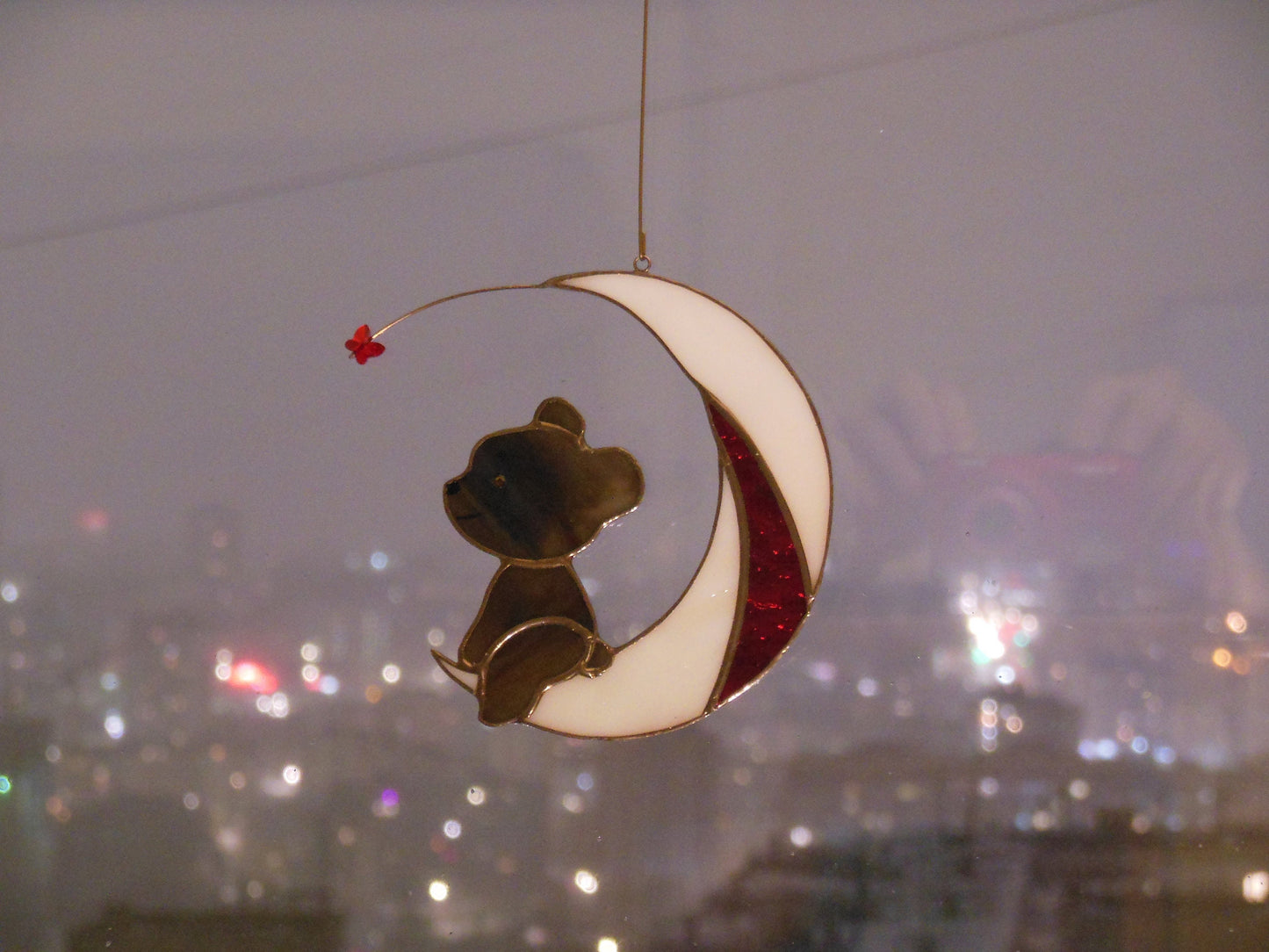 Bear on Moon with Butterfly . Swarovski Сrystal .  Stained glass window hanging Suncacher