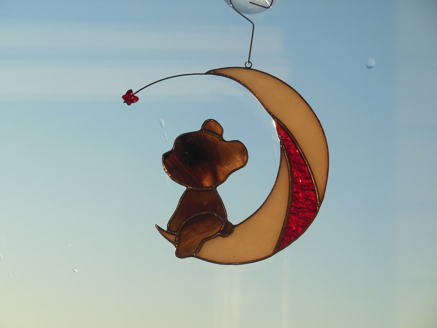 Bear on Moon with Butterfly . Swarovski Сrystal .  Stained glass window hanging Suncacher