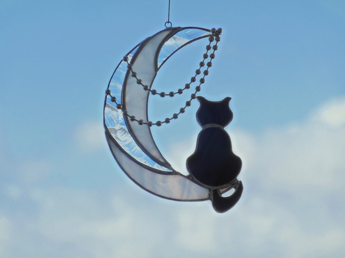 Black Cat On The Moon with Chains . Art stained glass window hanging Suncatcher . Gift for animal lover , pet loss memorial . White , black
