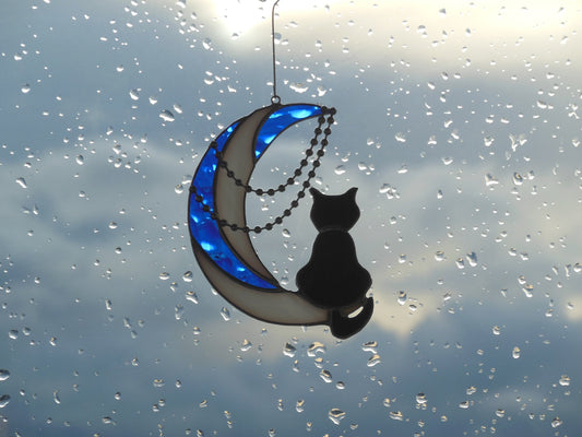 Black Cat On Moon with Chains . Art stained glass hanging Suncatcher . Gift for animal lover , pet loss memorial White , blue  and black