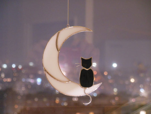 Black Cat On The Moon . Art stained glass window hanging Suncatcher . Gift for animal lover , pet loss memorial . White and black