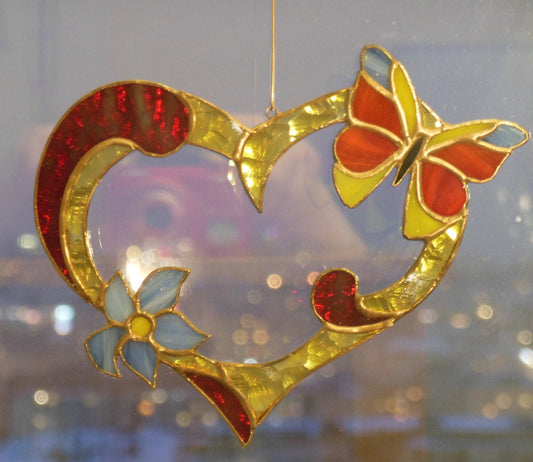 Valentine Heart with Flower and Butterfly . Red  Yellow Blue  . Art Stained glass window hanging Suncatcher